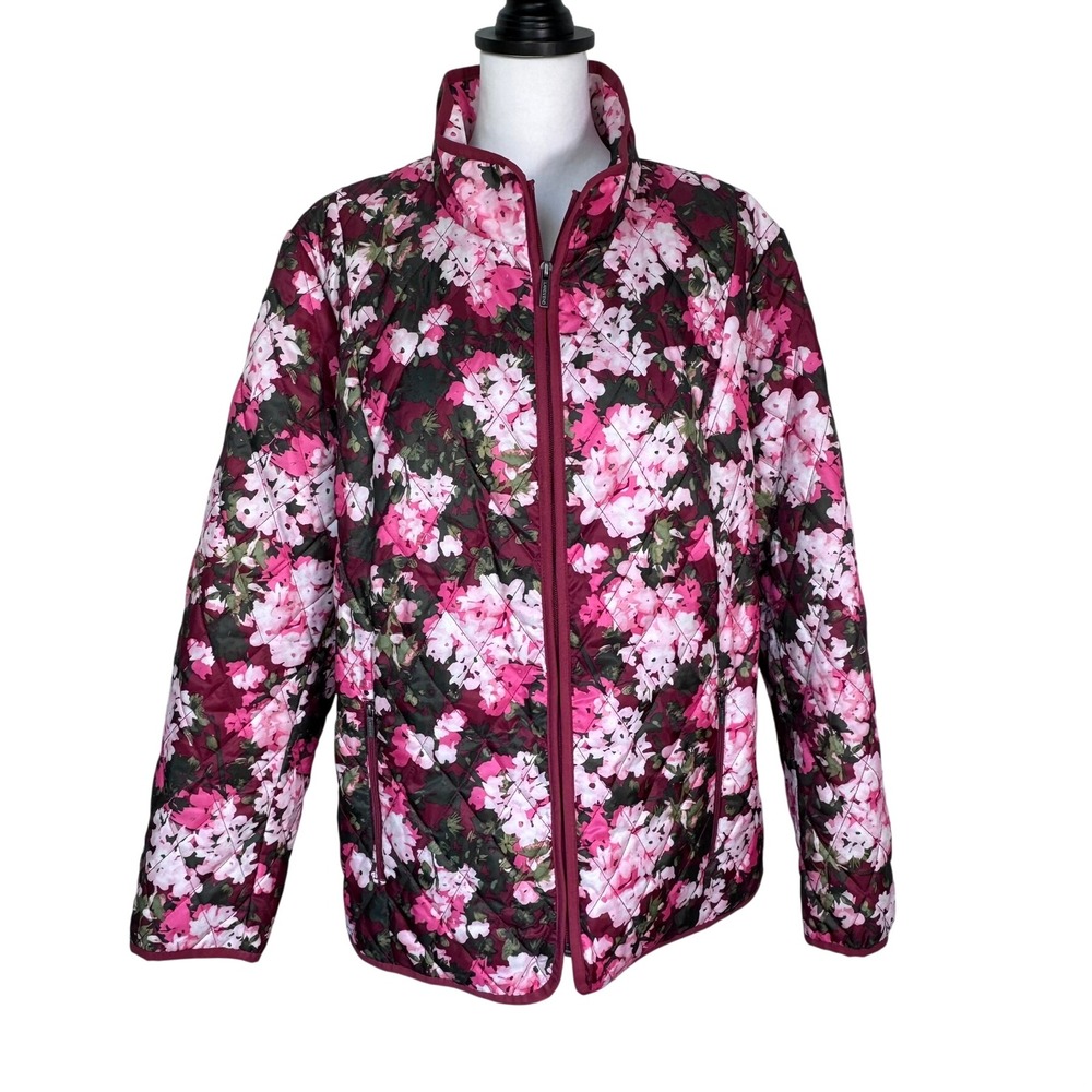 LANDS END Women's 2X Pink Floral Quilted Primaloft Light Jacket Full Zip Pockets